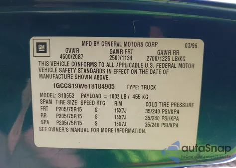 1996 Chevrolet S Truck S10 z USA, uszkodzony, nr VIN 1GCCS19W6T8184905